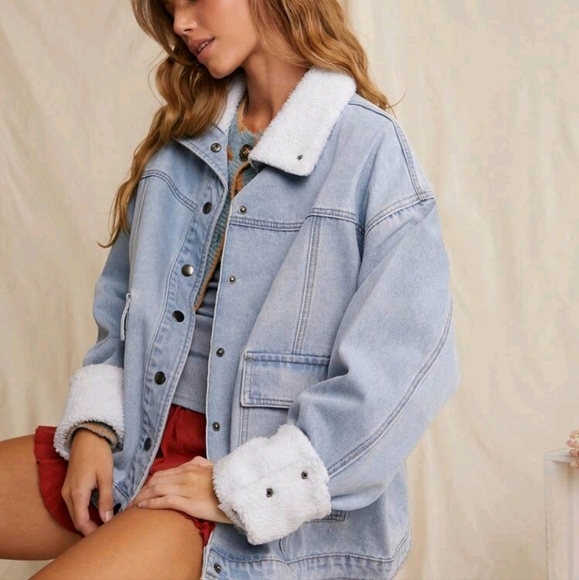 Sherpa Trim Denim Boyfriend Jacket - Picture 1 of 4